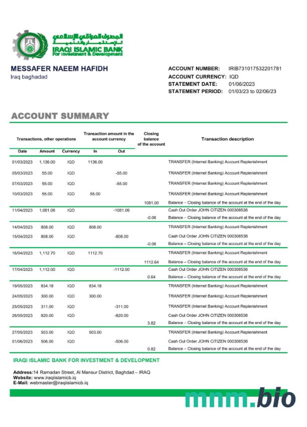 Iraq Islamic Bank For Investment & Development bak statement szablon Worda i PDF